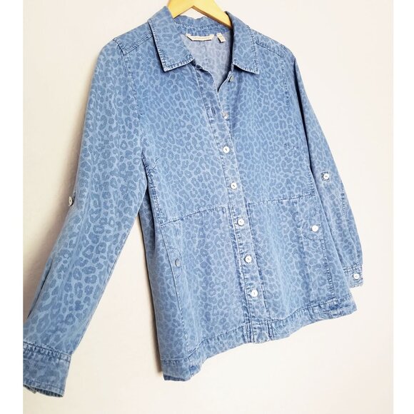 Soft Surroundings Leopard Thelma Chambray Long‎ Sleeve Button Down Shirt XSP - Picture 8 of 14